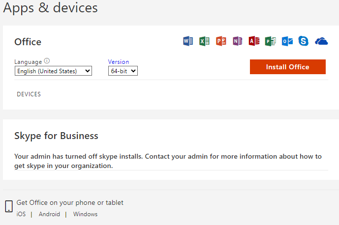 Apps and devices screen of Microsoft Office install.